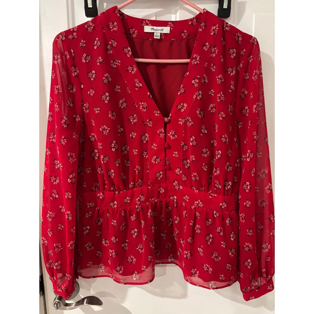 Madewell Floral Print Peplum Top‎ Blouse V-Neck Long Sleeve Red Small